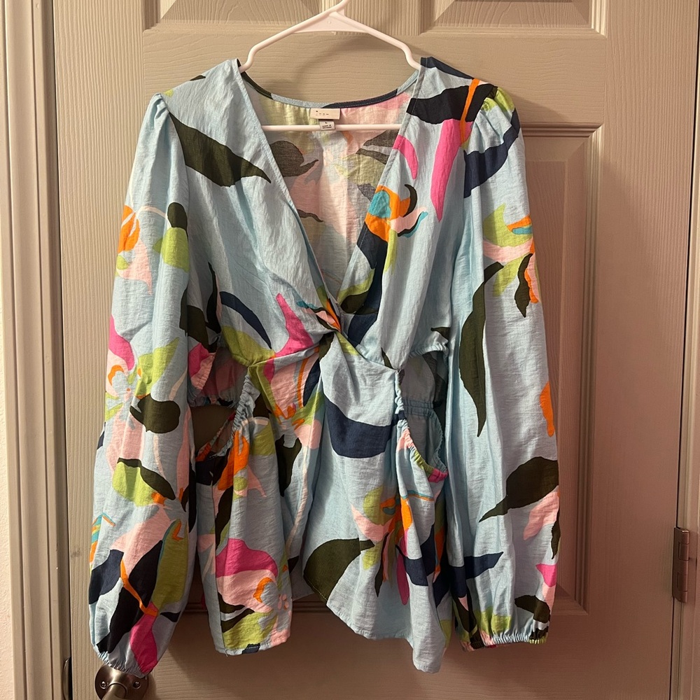 a new day Light Blue Multicolor Floral Wrap Blouse